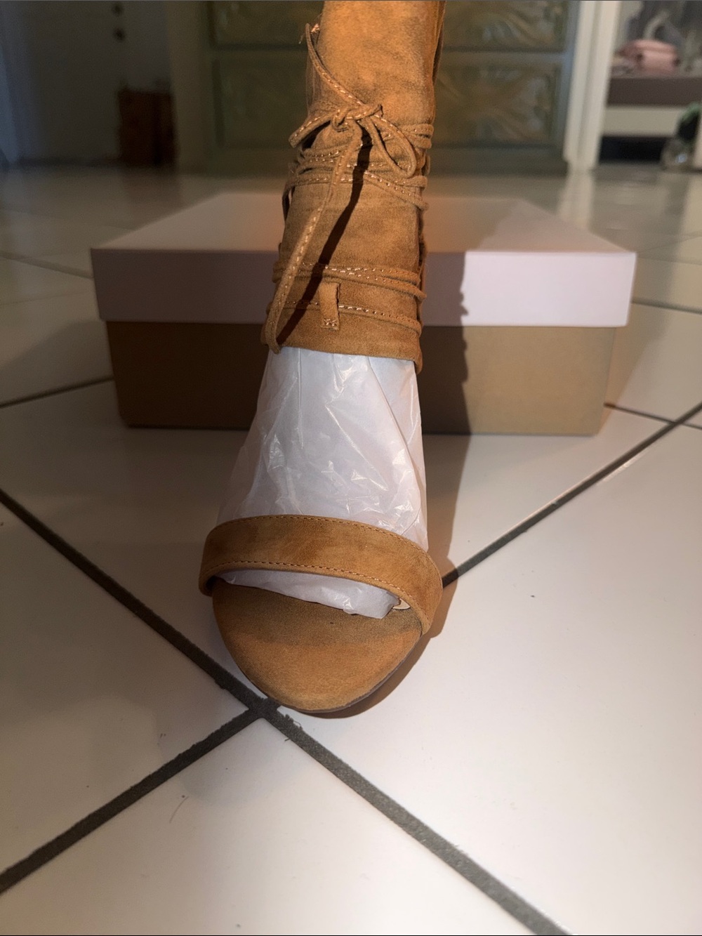 Jessica Simpson Tan Suede Lace-Up Open-Toe Heels
